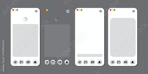 Set of Browser Window Mockups with Loading Screen, Gallery and Mobile Webpage UI Templates on Dark Background