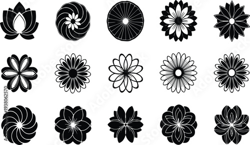 Minimal black floral silhouette icon set with symmetrical flower shapes lotus petals and botanical vector elements