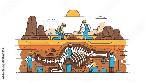 Paleontologists Excavating Dinosaur Fossil Remains.