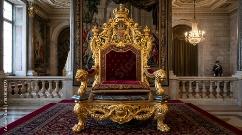 Ornate Gold Throne Chair with Red Velvet Upholstery in Opulent Royal Palace Interior with Marble Flooring and Grand Tapestries