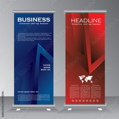 Blue and red roll up banner design for event, exhibition, vertical template design with new concept, art work for brochure, business, flyer, modern x-banner and roll up banner advertising. 