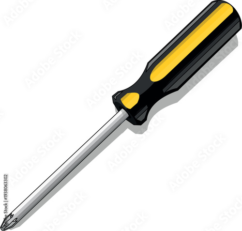 A set of professional metal screwdrivers with yellow and black plastic handles isolated on a white background for construction, repair, and home carpentry work