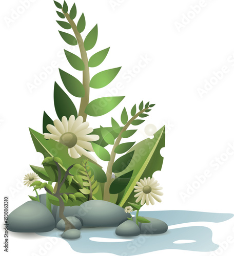 Close-up of fresh green leaves and zen spa stones isolated on a natural branch with an olive herb and spring blossom lily for a beauty decoration