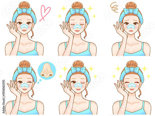 鼻パックでスキンケアする大人女性の美容イラスト素材セット2