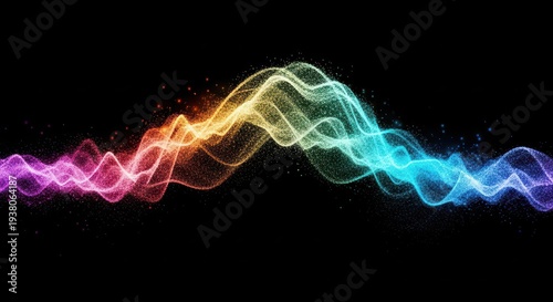 Abstract digital background featuring luminous flowing dust particles forming a complex wave structure in dark space, background, geometric, power
