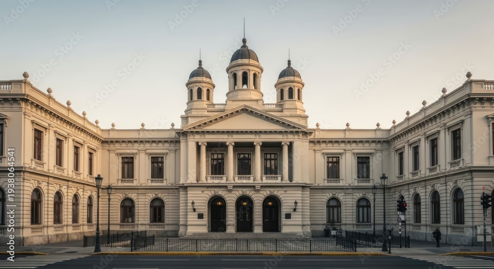 Naklejka premium Grand, symmetrical building with multiple domes, colonnades, and windows