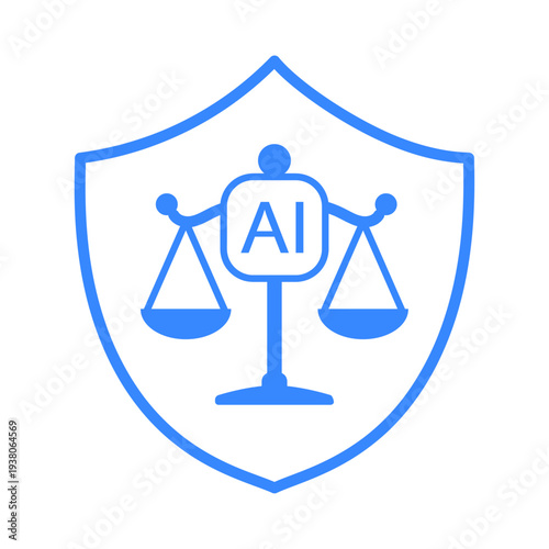 AI Governance Shield and Balance Scale Icon – Artificial Intelligence Regulation, Ethics, Security and Compliance Concept