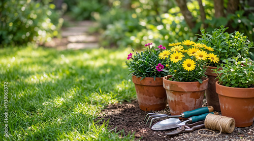 Obraz na plátně Potted plants with colorful flowers and essential gardening tools neatly arranged alongside a lush green garden path
