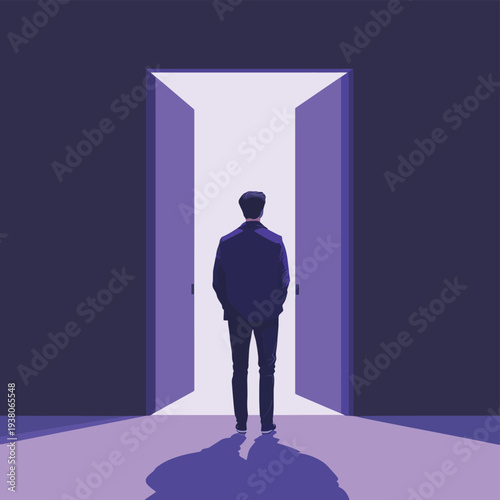 Pensive man standing at crossroads between two mysterious purple doors facing a difficult decision and uncertain future. , vector style simple color