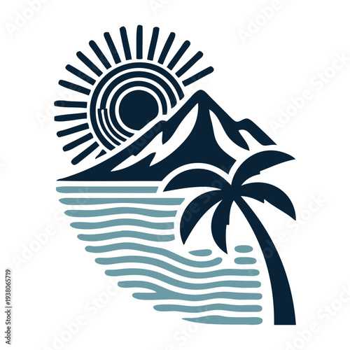 Logo agencia de viajes. Vacaciones de verano. Dibujo sencillo con un paisaje con la palma, una isla con montaña, sol y olas de mar con líneas 