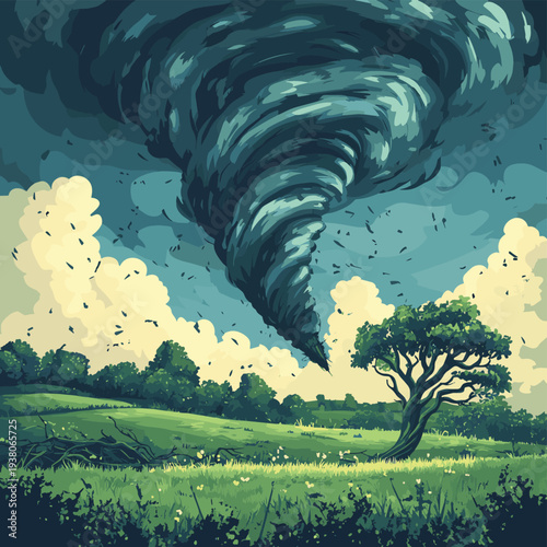 Powerful tornado moves across a green field and uproots trees during a severe storm illustrating the destructive force of natural disasters. , vector style simple color