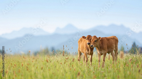 Bild auf Leinwand Two adorable young brown calves standing together in a lush green field with distant mountains and clear blue sky