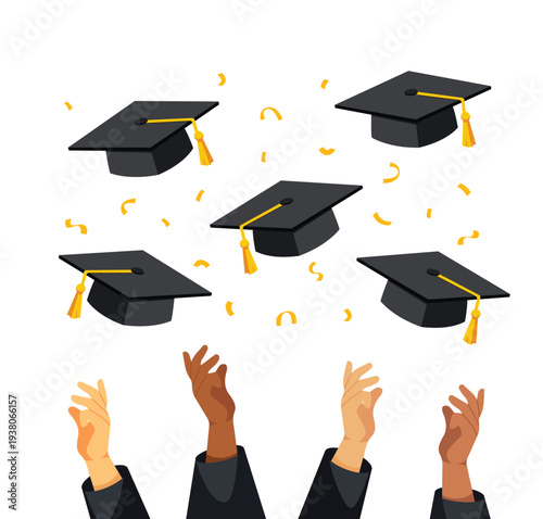 Obraz na plátně Graduate students hands in academic gowns throwing graduation caps