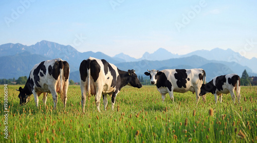 фотографія A photograph of a small herd of black and white dairy cows grazing in a vibrant green pasture with majestic mountains