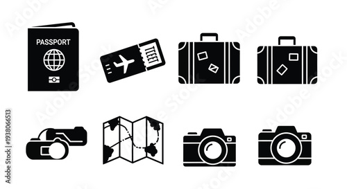 Travel icons set, including passport, airplane ticket, luggage, camera, and map, for travel brochure or website, Isolated on transparent background, png