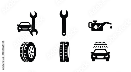 Black vector icons of car maintenance tools and parts, including wrench, tire, and car wash nozzle, for repair or service template or infographic