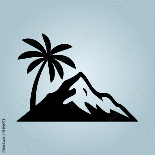 Logo agencia de viajes. Vacaciones de verano. Dibujo sencillo con un paisaje con la palma en una isla con montaña y fondo degradado 