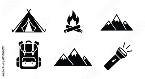 Camping icons set, including tent, campfire, mountains, backpack, and flashlight, for outdoor adventure or travel website, Isolated on transparent background, png