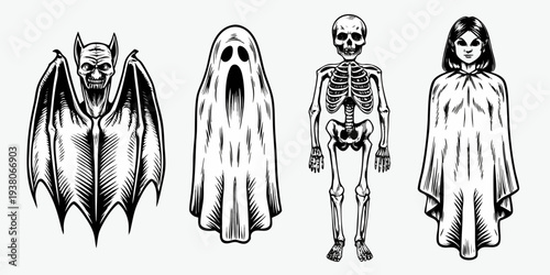 Vintage Halloween Horror Character Set - Hand Drawn Ghost, Skeleton, Vampire Bat, and Goth Girl Vector Illustrations