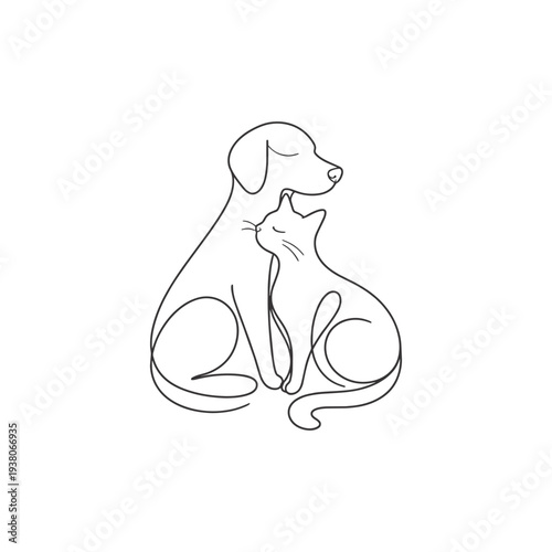 Minimal One Line Dog and Cat Friends Icon, Cute Pets Line Art Illustration