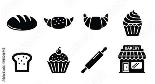Bakery icons set, including bread, pastry, cupcake, rolling pin, and storefront, for bakery menu, food blog, or restaurant website, isolated on transparent background, png