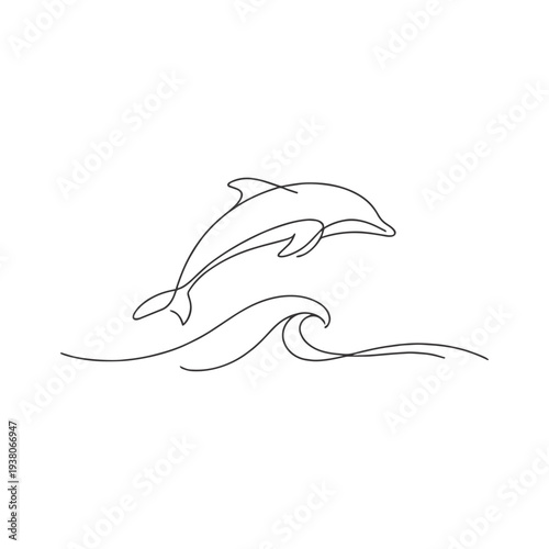Jumping Dolphin One Line Icon, Ocean Wave Dolphin Minimal Line Art