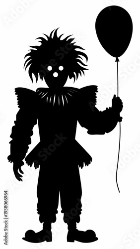 Creepy Evil Clown Silhouette - Scary Horror Character with Balloon Vector