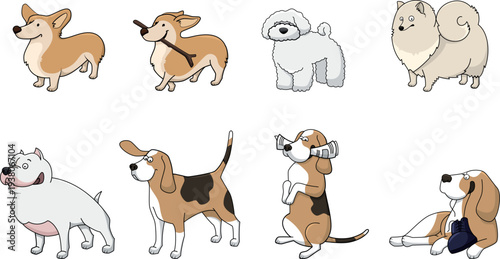 Set of funny cartoon dog characters and cute farm animals in a vector illustration collection featuring a pet dog, cat, and zoo wildlife