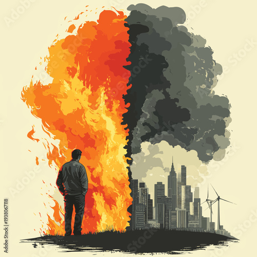 Distressed man viewing a split landscape of renewable energy versus a city fire, highlighting the urgent need for climate change action. , vector style simple color