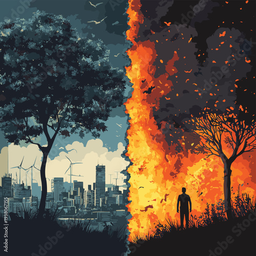 Distressed man viewing a split landscape of renewable energy versus a city fire, highlighting the urgent need for climate change action. , vector style simple color