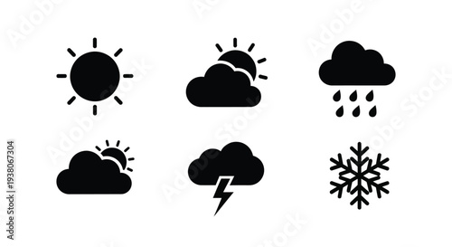 Weather icons set, black silhouette symbols for sunny, cloudy, rainy, snowy, stormy conditions, for website or app UI, Isolated on transparent background, png