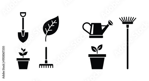 Gardening tools and plants vector icons, including shovel, rake, watering can, leaf, and potted plants, for gardening or landscaping design or website