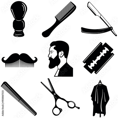 Vector collection of black silhouette hair salon icons and beauty tools including a set of different hair accessories, brushes, combs, and scissors for a professional hairdresser equipment set