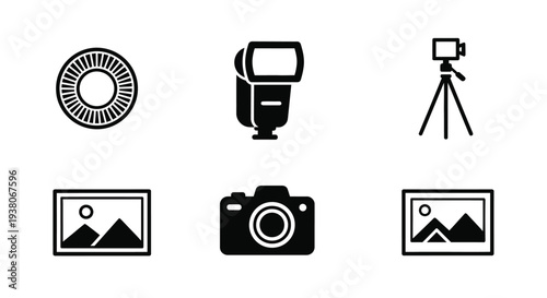 Camera equipment icons set, photography symbols, camera lens, flash, tripod, photo frames, for graphic design, website or presentation, Isolated on transparent background, png