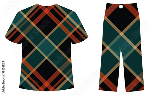 Tartan plaid pattern clothing set, shirt and pants, green, orange, black