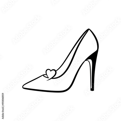 A minimalist line art illustration of a high-heeled shoe with a heart design on the toe