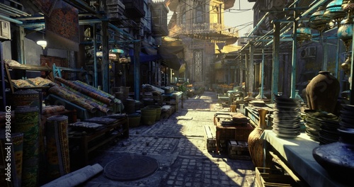 Quadro em tela long urban bazaar perspective with layered stalls and warm backlight, tourist im