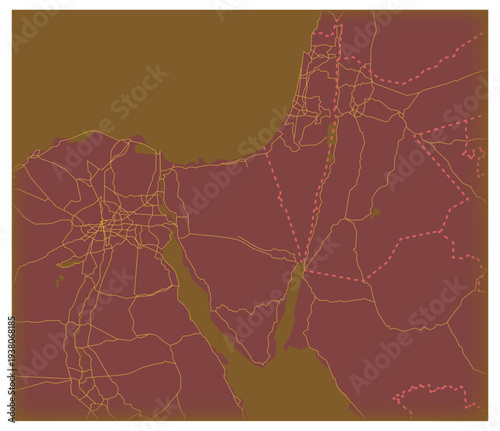 Detailed vector map of the Sinai Peninsula and surrounding regions showing Egypt, Israel, and neighboring areas with road networks, borders, and coastal geography in a modern minimalist cartographic s