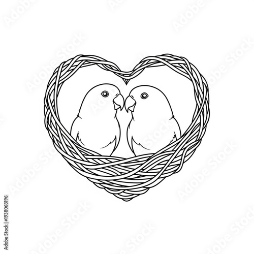A minimalist line art illustration of two birds in a heart-shaped nest