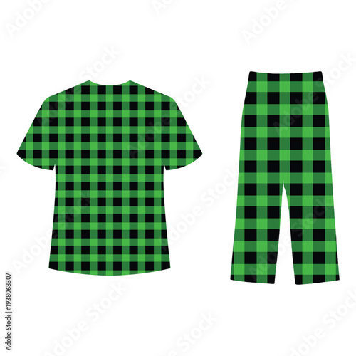 Green and black plaid pattern clothing set, shirt and pants