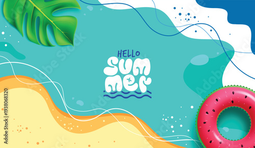 Hello summer vector banner design. Hello summer text with colorful beach elements like tropical monstera leaf and watermelon floaters on abstract teal background. Vector illustration.
