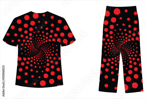 Red polka dot pattern t-shirt and pants set, fashion clothing
