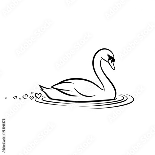 A minimalist black and white vector illustration of a swan swimming in water with hearts