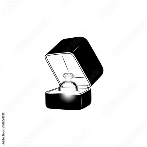 A minimalist vector illustration of a diamond ring in an open black jewelry box