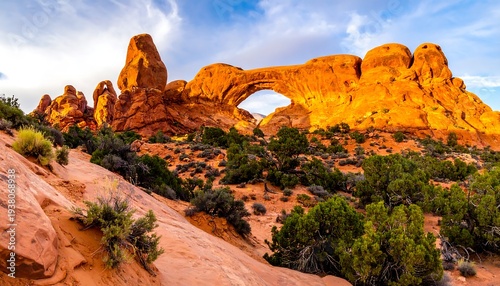 Sunlight shines on a large rock arch with green vegetation in a desert landscape under a blue and cloudy sky