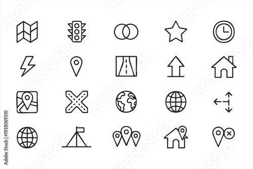 Travel Route and GPS Pin Outline Icons in Minimal Vector Style