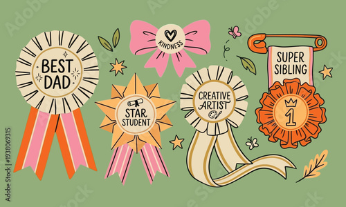 Delightful hand drawn award ribbons and badges celebrating various achievements and kindness