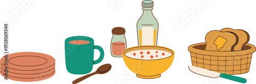 A delightful breakfast spread featuring various morning meal items including toast cereal and a warm drink