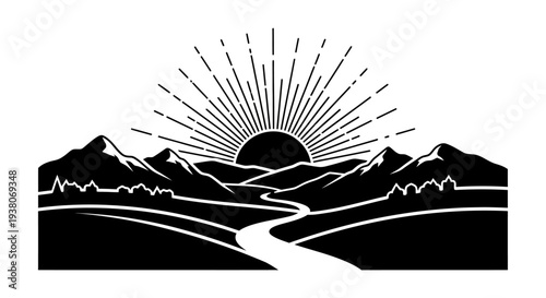 Black and white mountain landscape silhouette.