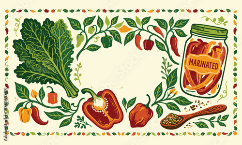 A rustic border design featuring fresh kale spicy chili peppers and a jar of marinated vegetables